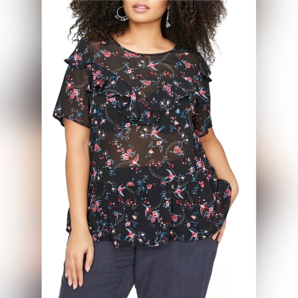 Love & Legend Black and Pink Floral Ruffle Short Sleeve Blouse Size 18